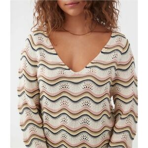O'neill Knit Crochet Textured Wavy Cream Pink Sweater, M